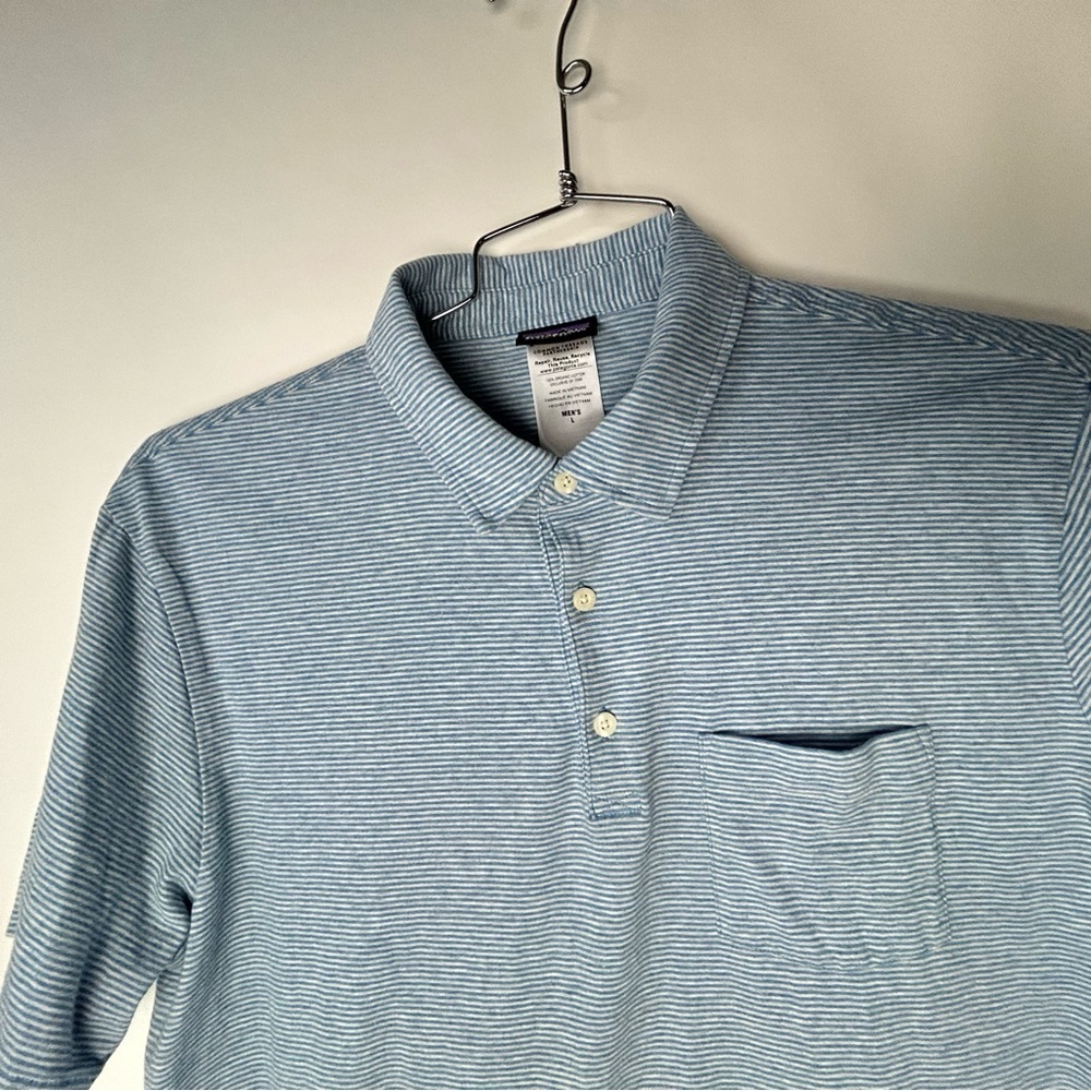Patagonia Blue Striped Polo Shirt Short‎ Sleeve Casual Men's Large - Picture 3 of 15